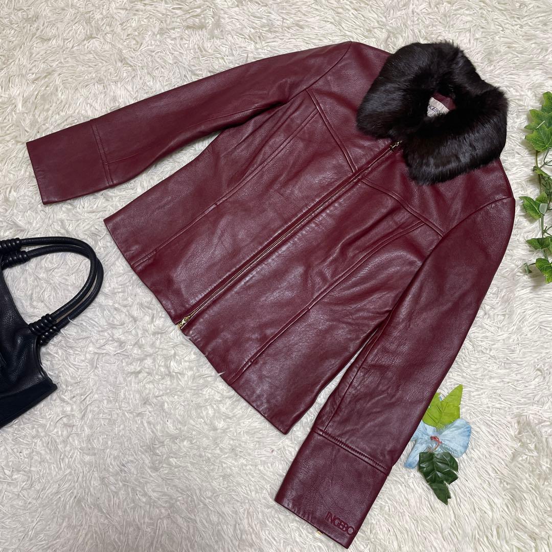 美品　インゲボルグ　レザージャケット　深い赤　本革　羊革　ラビットファー　M