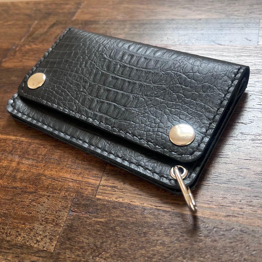 姫路レザー トラッカーウォレットミドル 黒 クロコ型押し 『紙幣折らずに収納可』