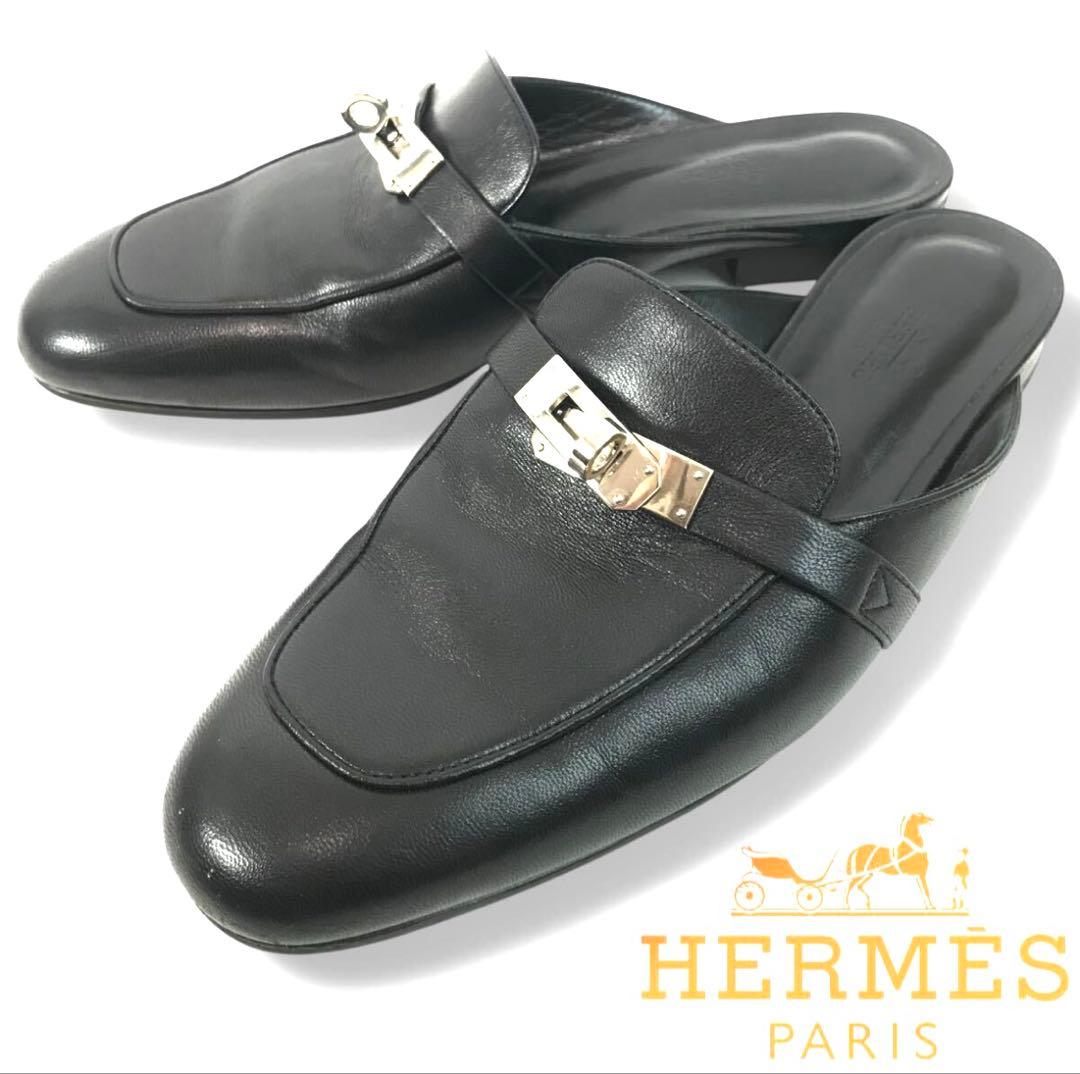 エルメス オズ ケリー シルバー金具 ミュール サンダル 黒 ブラック 38