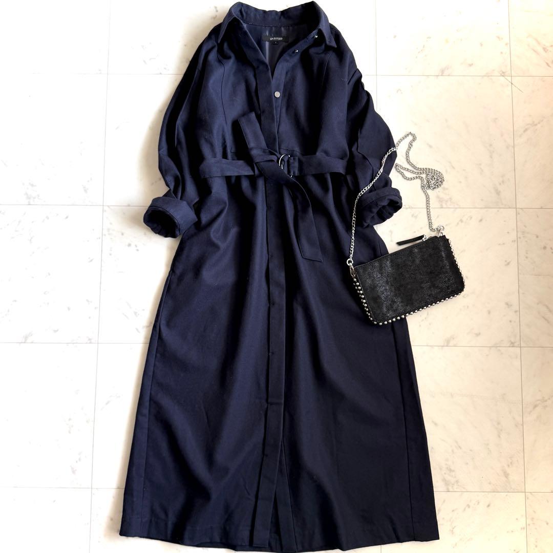 美品 アンタイトル メリノウールシャツワンピース◆ネイビー 2 ロングワンピース