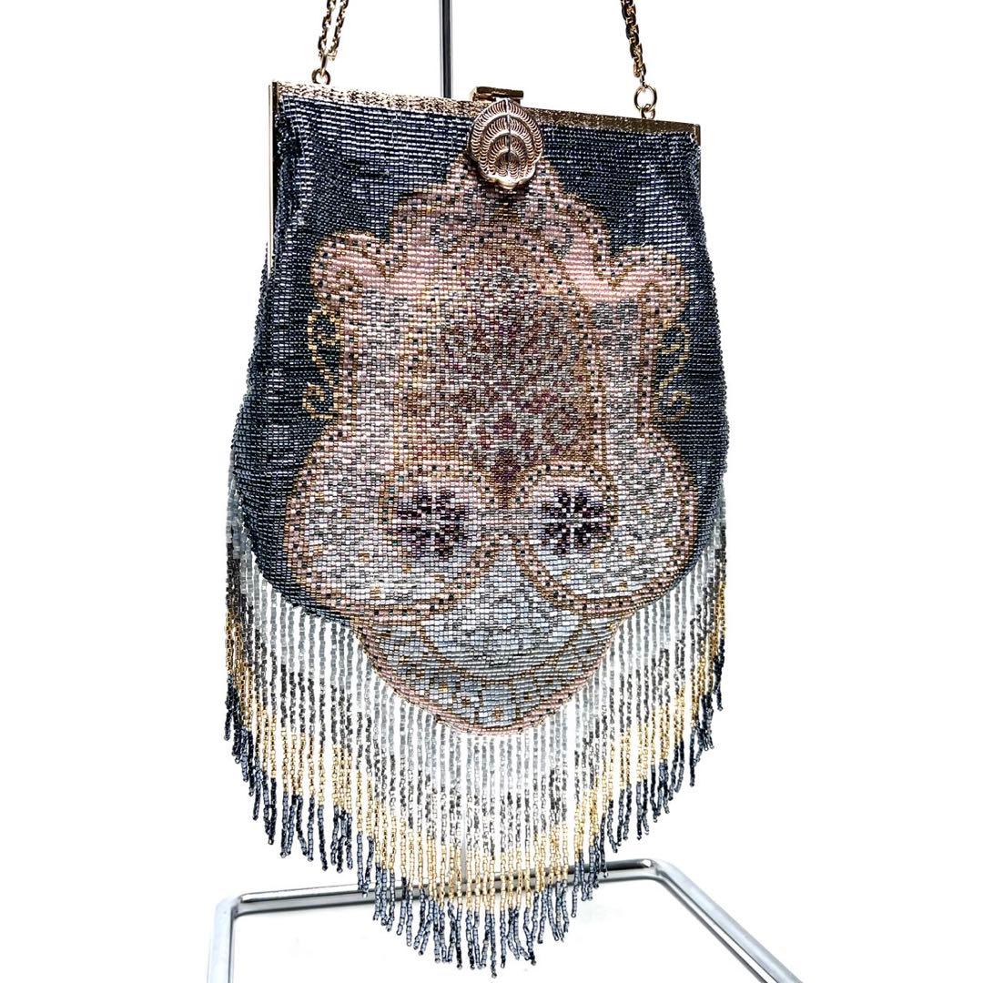 【美品】メタルビーズ刺繍 /デリカビーズ・フリンジ/ビーズバッグ/ハンドバッグ
