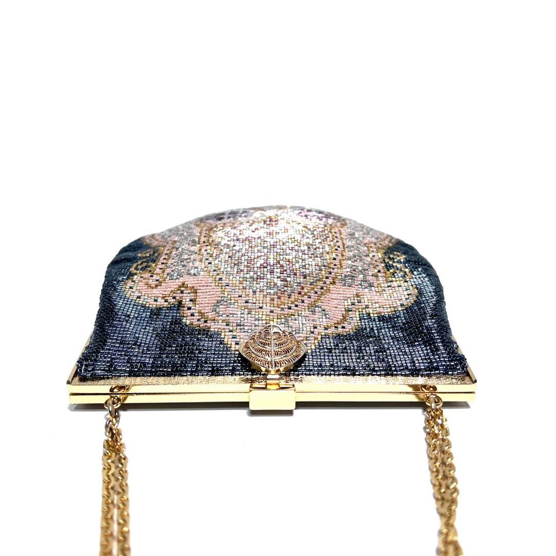 【美品】メタルビーズ刺繍 /デリカビーズ・フリンジ/ビーズバッグ/ハンドバッグ