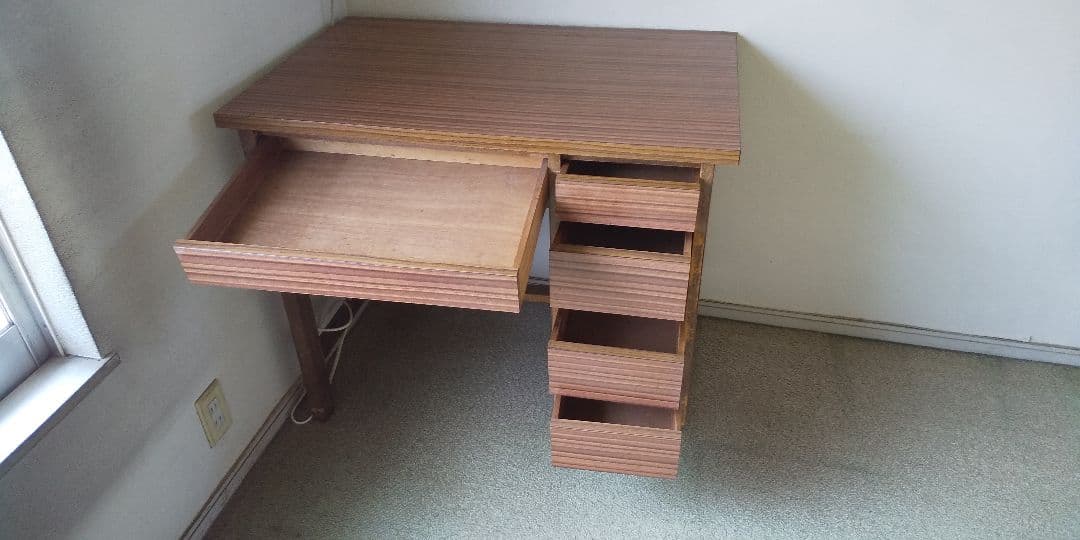 木製シンプルデスク レトロ 5引き出し付き