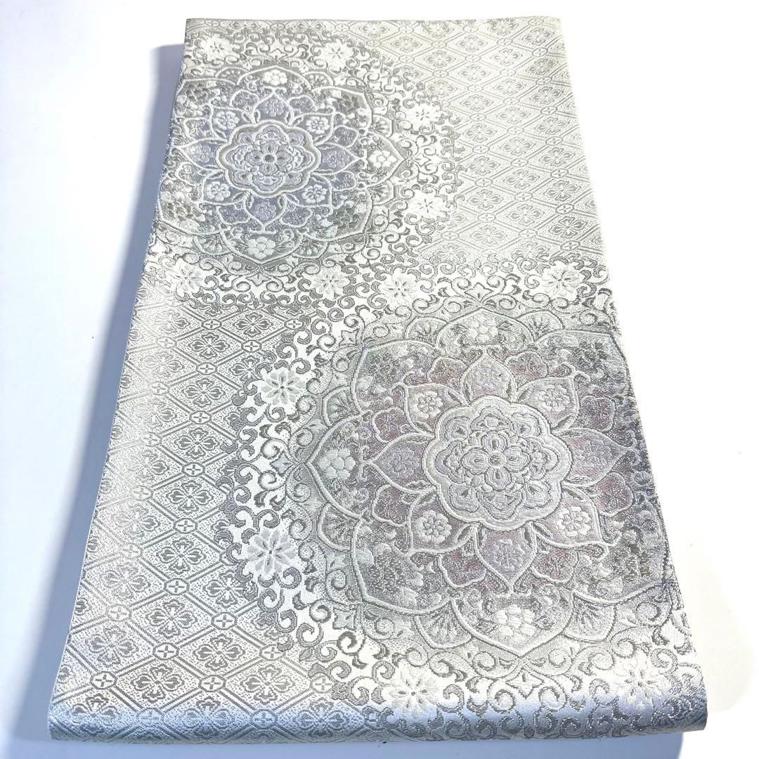 6k128 袋帯　絹　唐織　正倉院文様　華文　銀色　白　ピンク　紫　花柄　和装