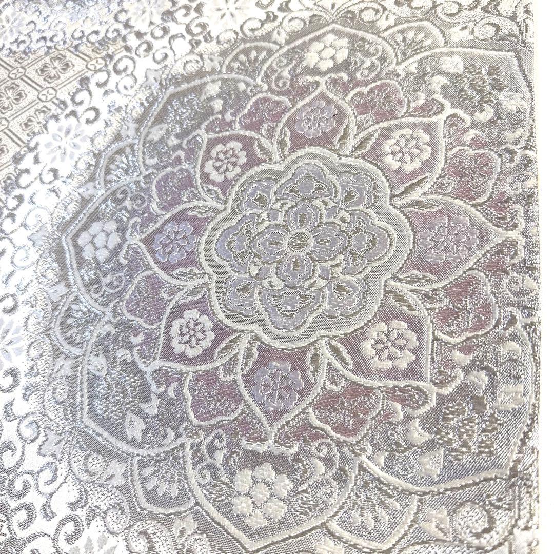 6k128 袋帯　絹　唐織　正倉院文様　華文　銀色　白　ピンク　紫　花柄　和装
