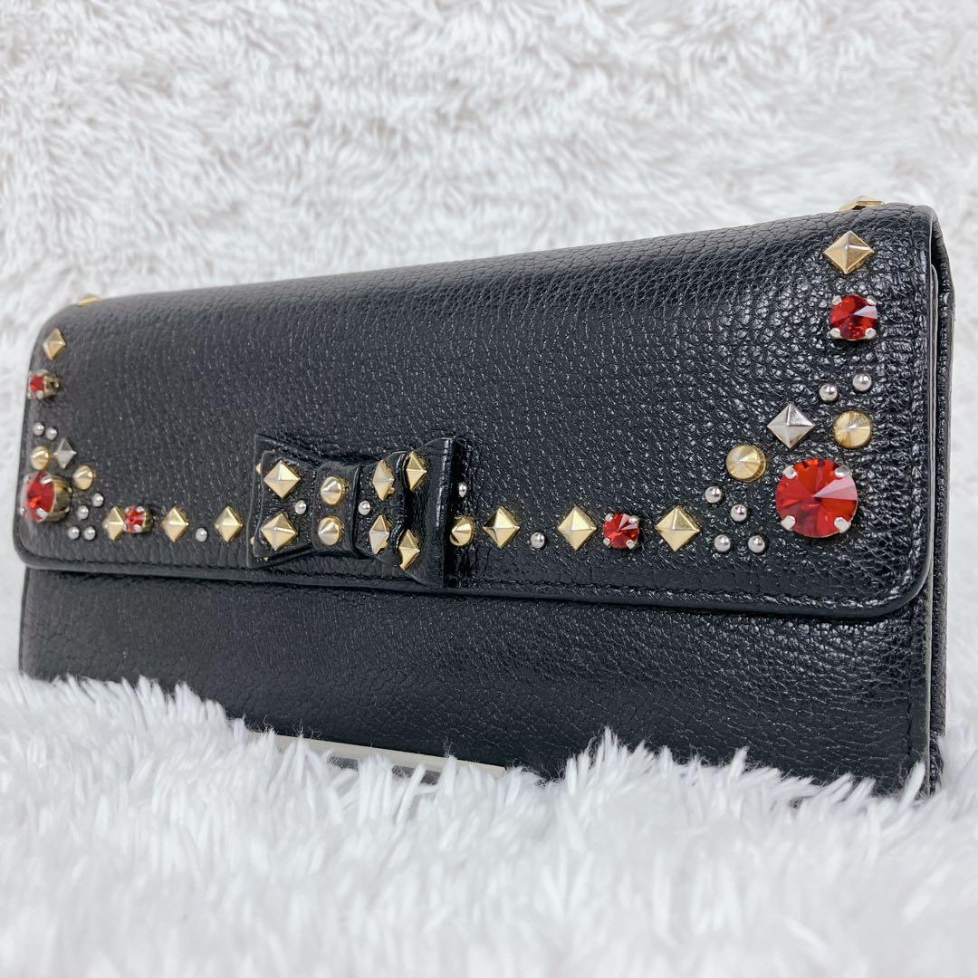 美品✨ミュウミュウ　長財布　リボン　ビジュー　スタッズ　レザー　ブラック　黒　金