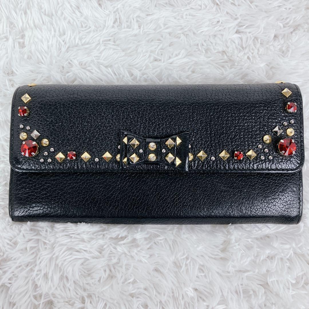 美品✨ミュウミュウ　長財布　リボン　ビジュー　スタッズ　レザー　ブラック　黒　金