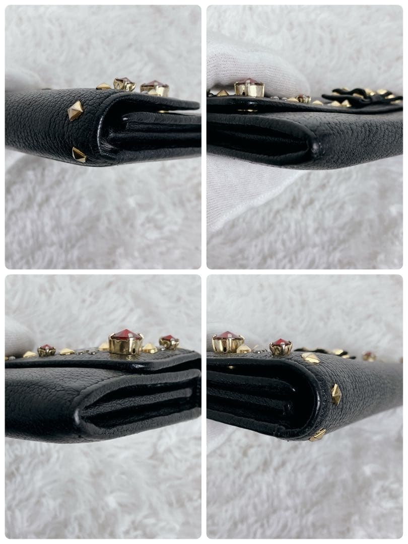 美品✨ミュウミュウ　長財布　リボン　ビジュー　スタッズ　レザー　ブラック　黒　金