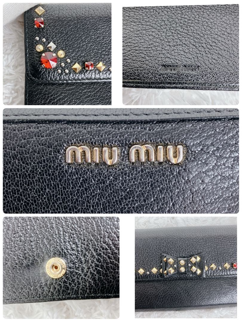 美品✨ミュウミュウ　長財布　リボン　ビジュー　スタッズ　レザー　ブラック　黒　金