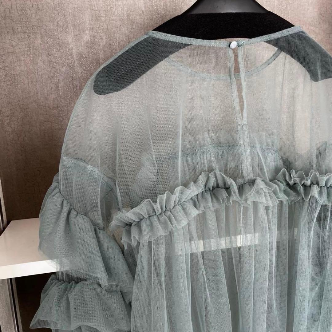 【新品タグ付き】ANDRESD デコラティブチュールトップス フリルブラウス緑