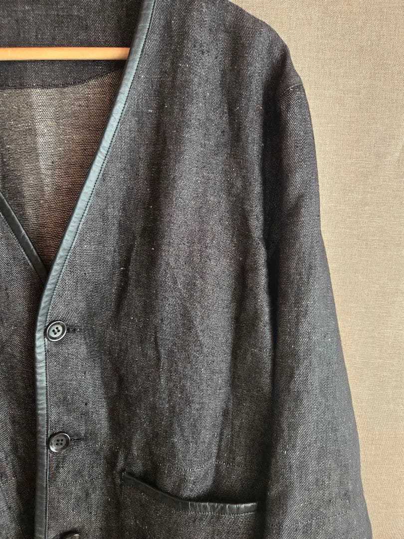 la favola リネンレザー ノーカラー パイピングブルゾン カーディガン