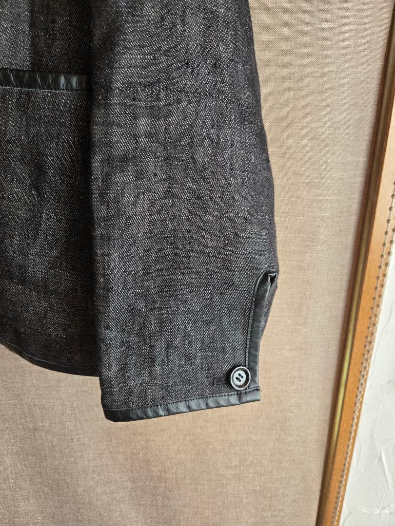 la favola リネンレザー ノーカラー パイピングブルゾン カーディガン