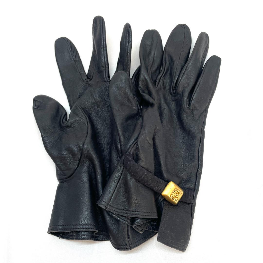 Y512-51 LOEWE ロエベ レザーグローブ 黒 アナグラム ゴールド金具