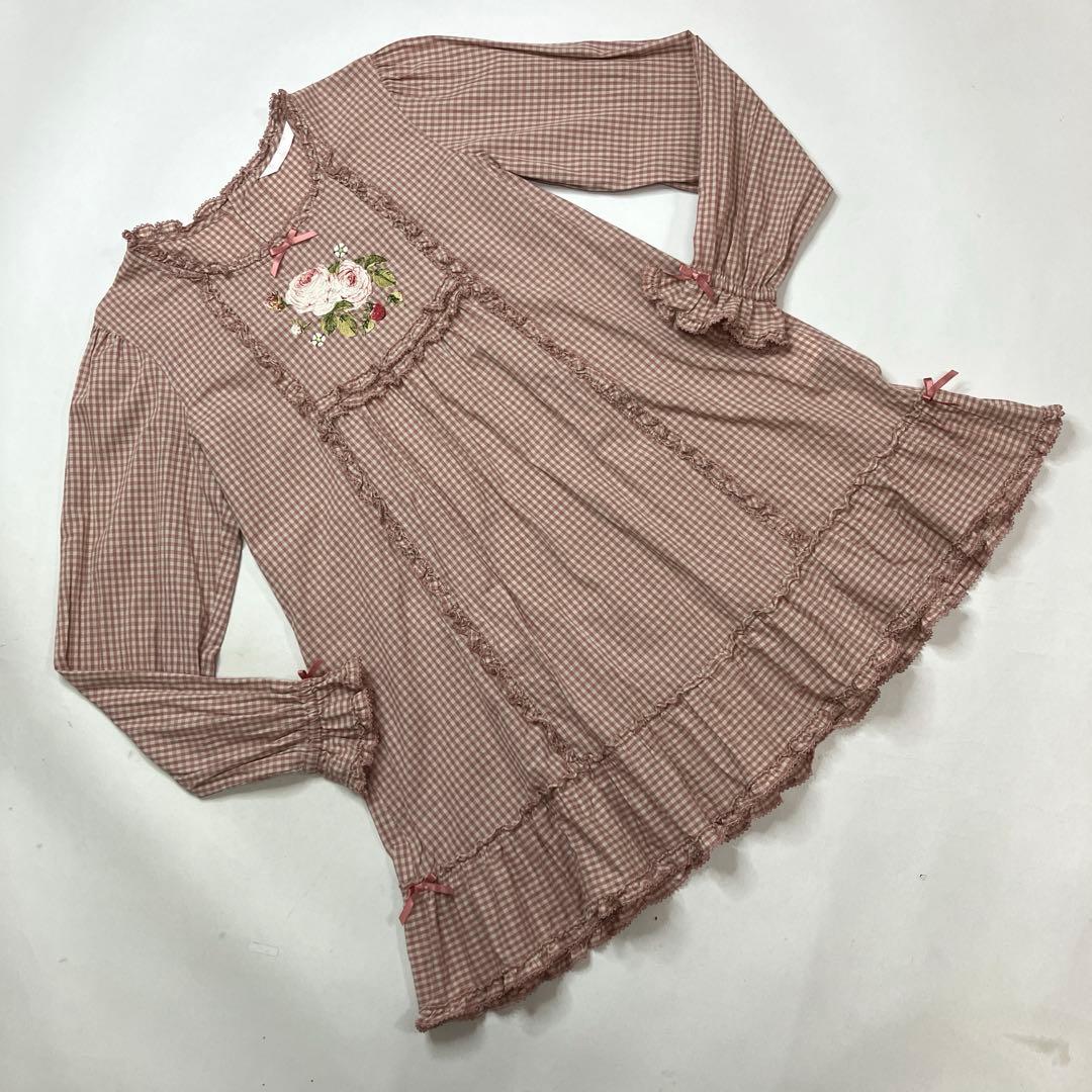 【美品】ピンクハウス ピンクギンガム バラ刺繍 チュニック/2023年