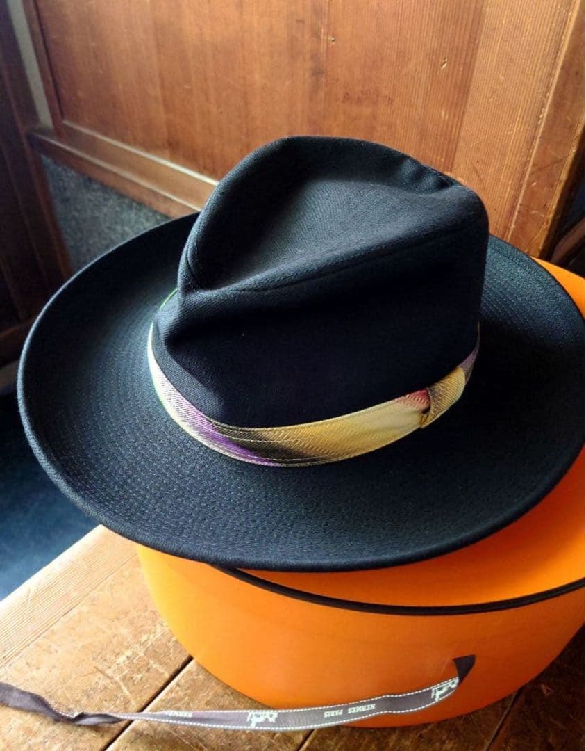 エルメス　カラフルリボン付き黒ハット　60サイズ