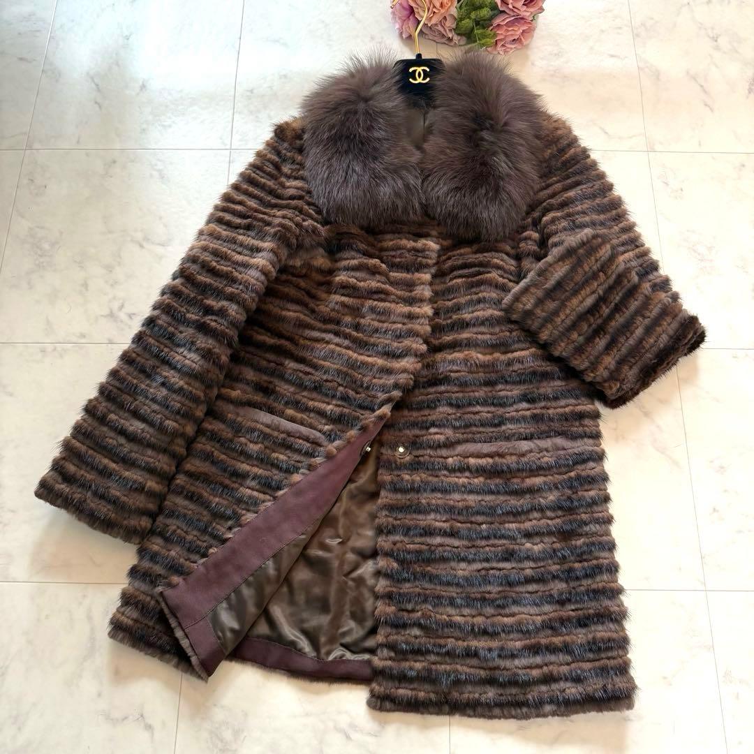 近年モデル 総丈84 ミンク/フォックス 2wayファーコート 毛皮 横段 軽量