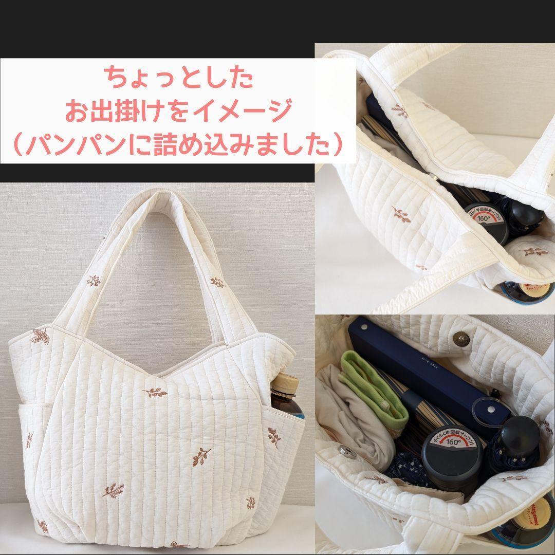 コロンとした　ヌビバッグ　ミモザ刺繍　ポケットたくさん　キーホルダー紐付