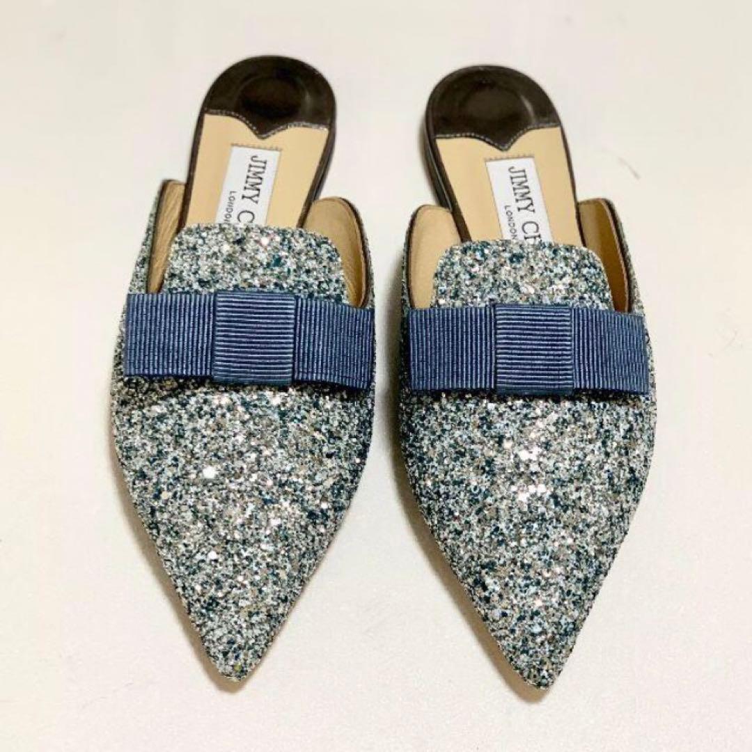未使用 ジミーチュウ グリッター フラットシューズ ライトブルー