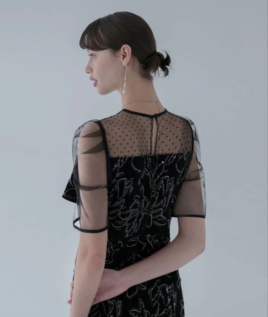 ドットチュールフラワースパンコールIラインワンピースドレス