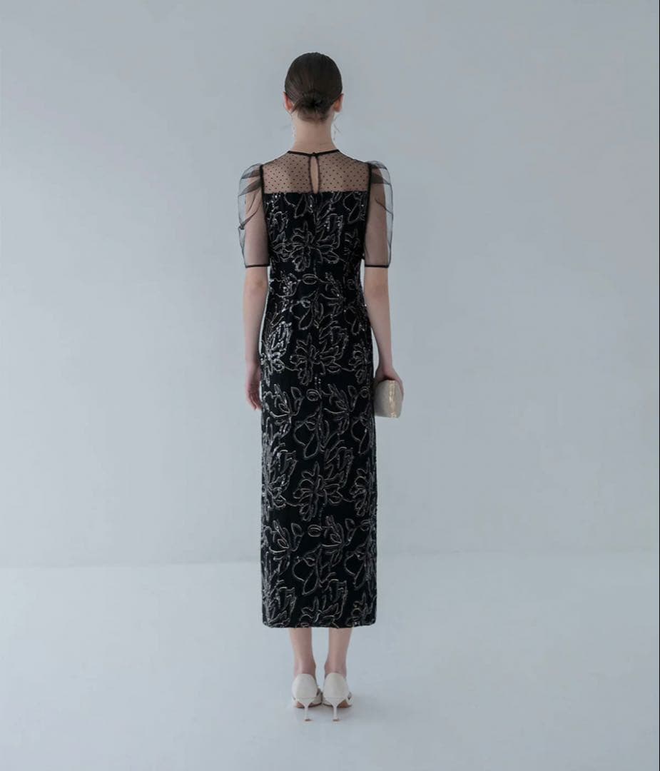 ドットチュールフラワースパンコールIラインワンピースドレス