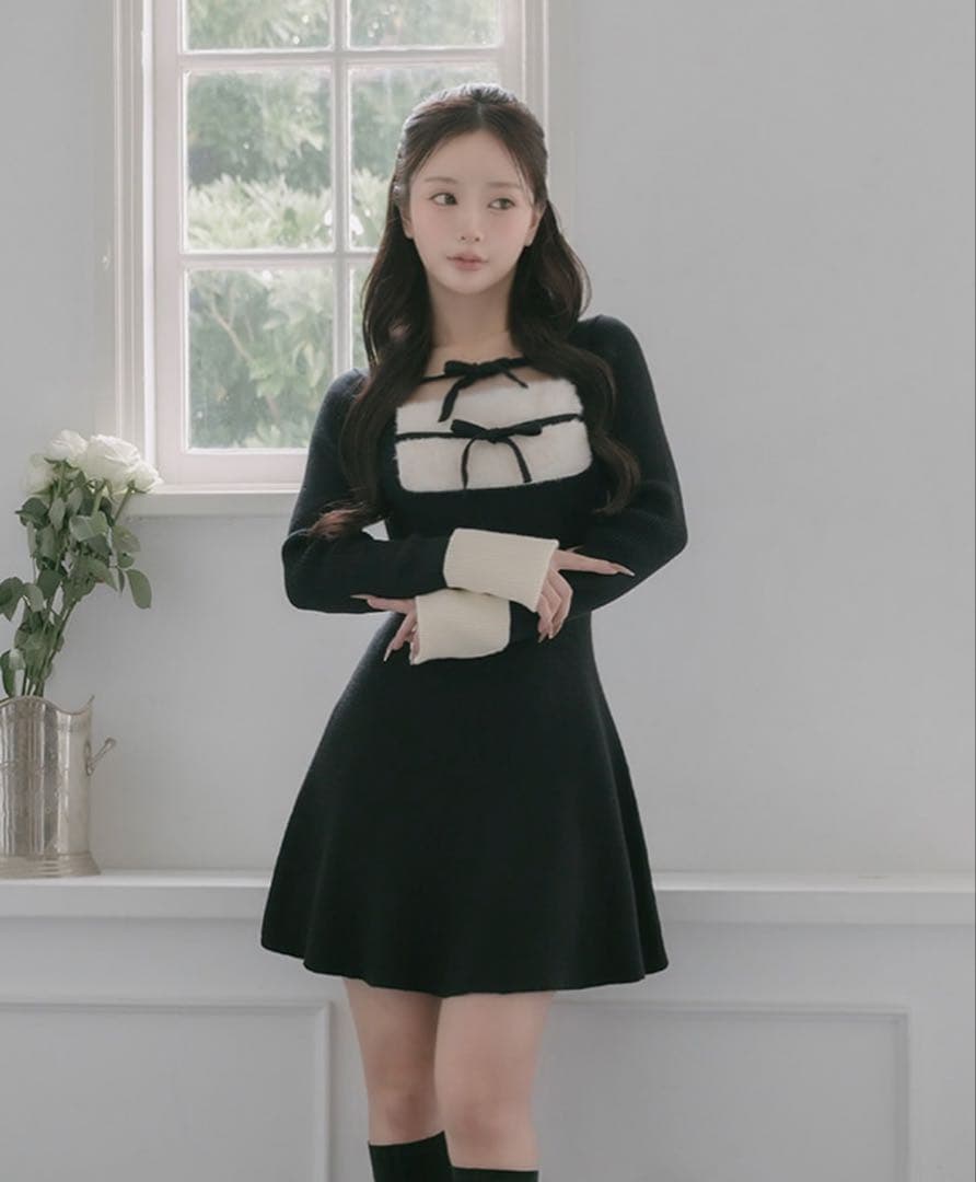 ダーリッチ リボンファーフレアニットミニワンピース