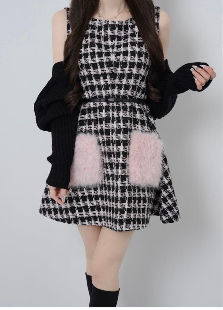 Lumignon Tweed pocket furdress ブラック×ピンク