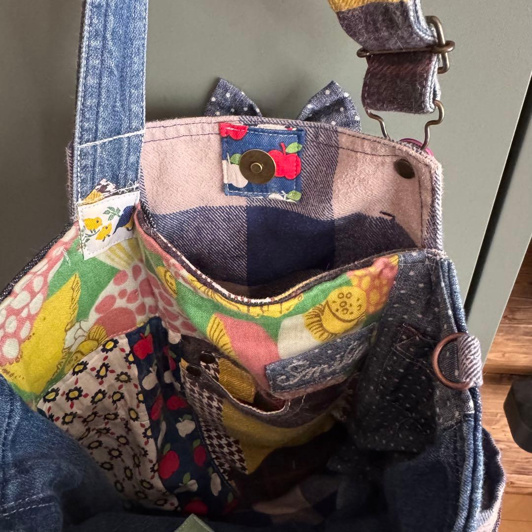 ハンドメイド デニムリメイク バッグ レトロアニマル サロペット 楕円底 23