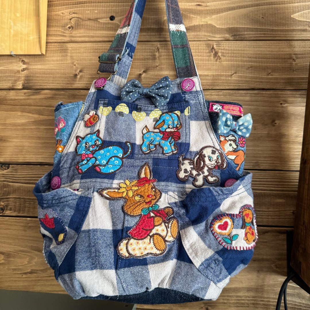 ハンドメイド デニムリメイク バッグ レトロアニマル サロペット 楕円底 23