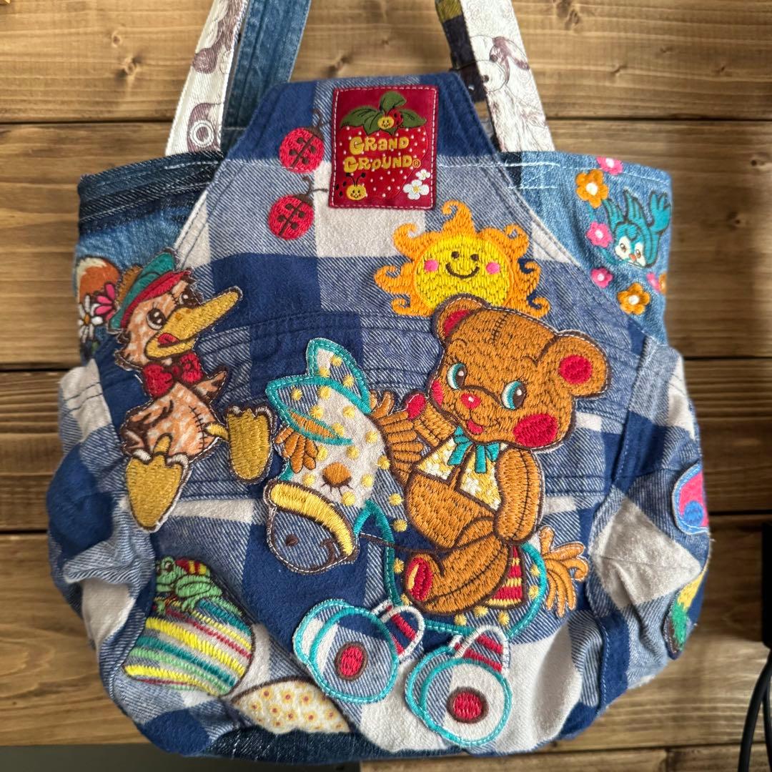 ハンドメイド デニムリメイク バッグ レトロアニマル サロペット 楕円底 23