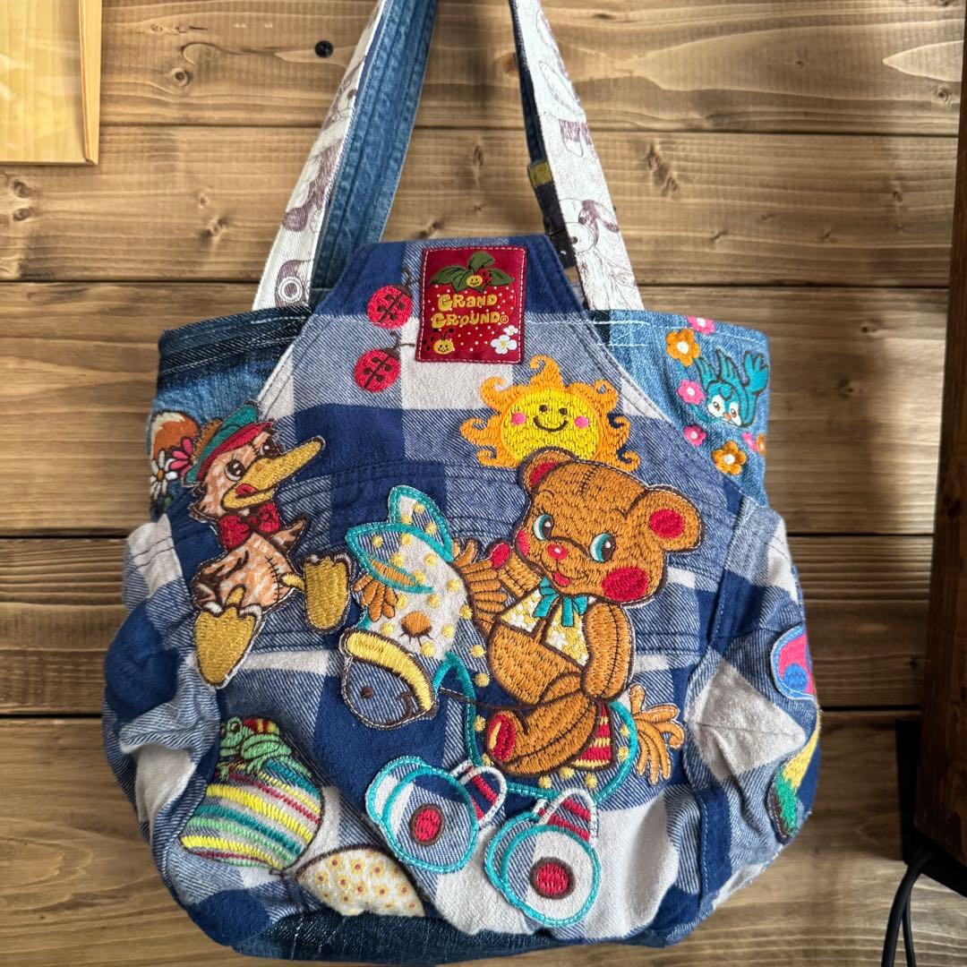 ハンドメイド デニムリメイク バッグ レトロアニマル サロペット 楕円底 23