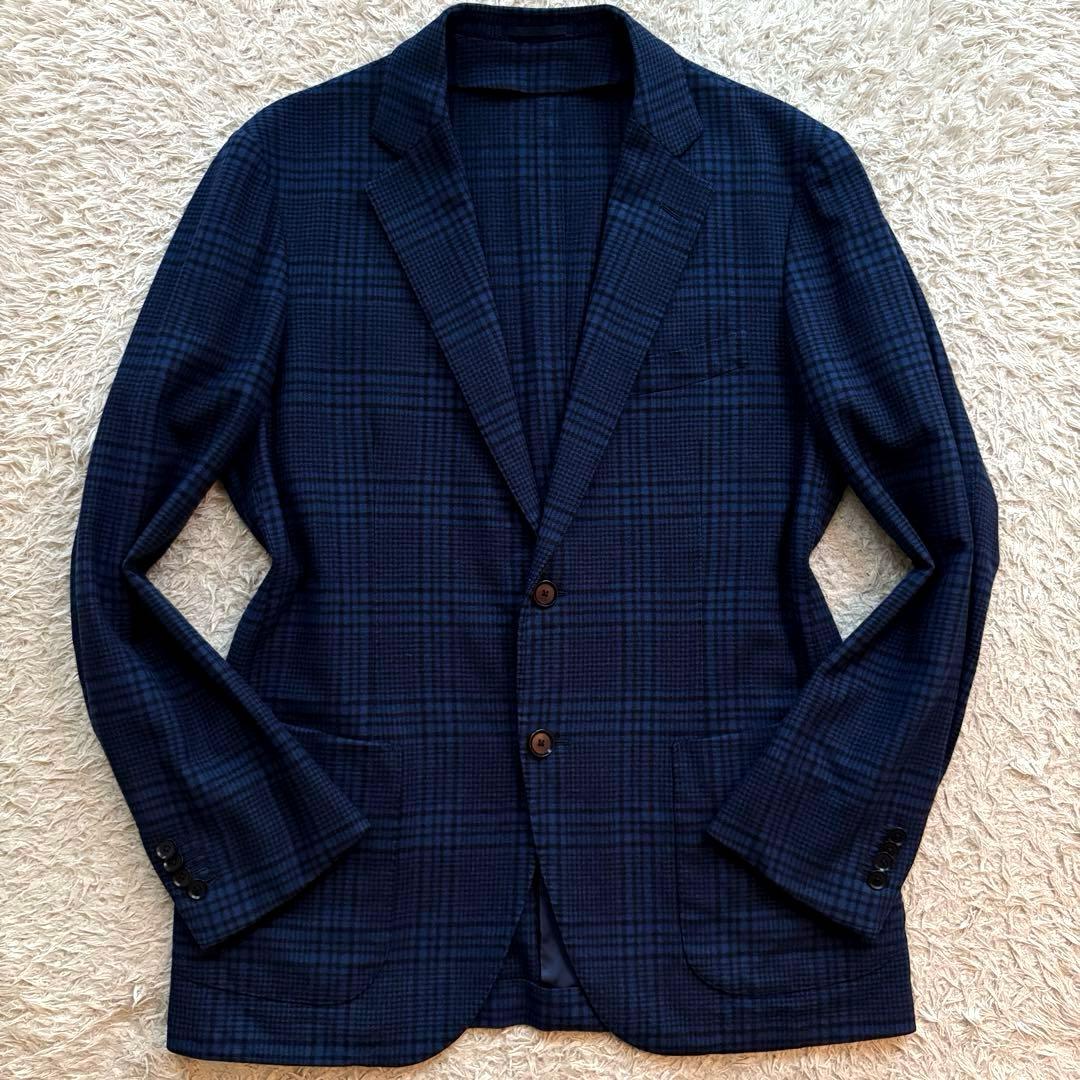 ★カシミヤ混 XL★ トゥモローランド ピルグリム ゼニア グレンチェック 青