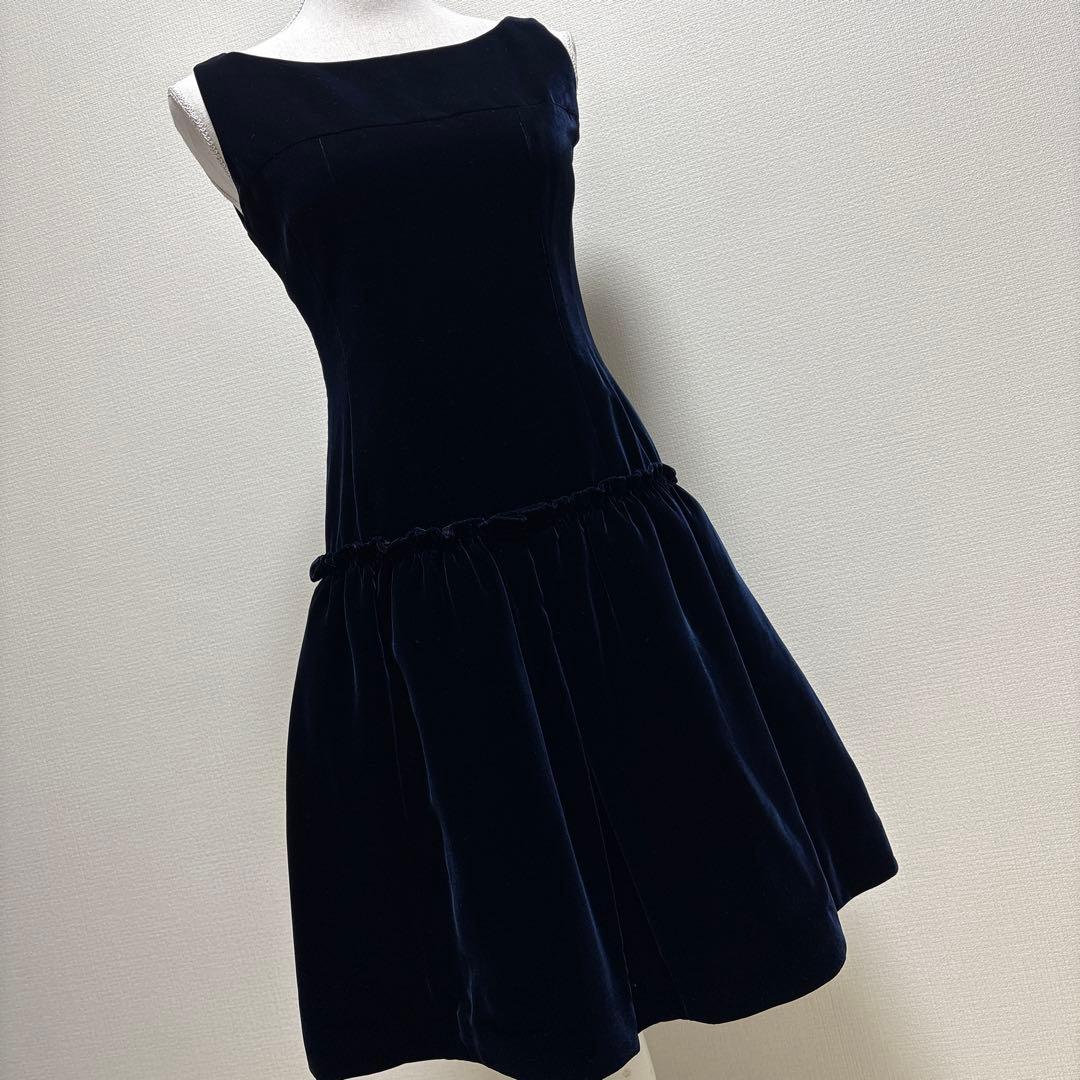 美品　Rene ネイビー ベルベット ノースリーブ ワンピース36 ドレス