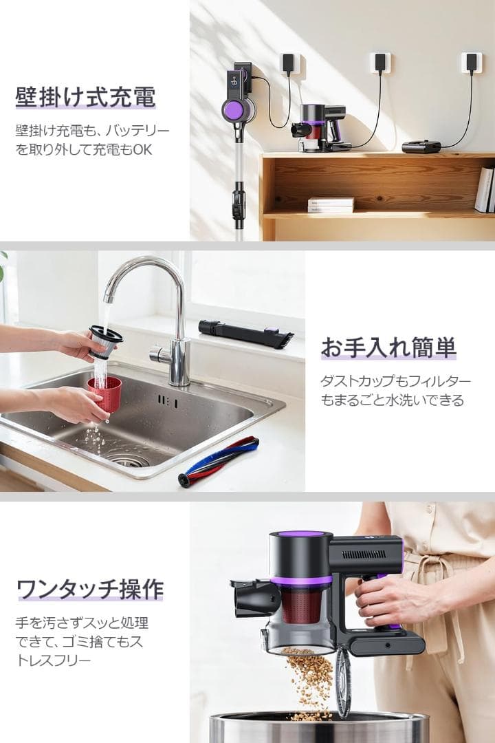 掃除機 コードレス 65kPa超強力吸引 80分連続稼働 サイクロン式 2WAY
