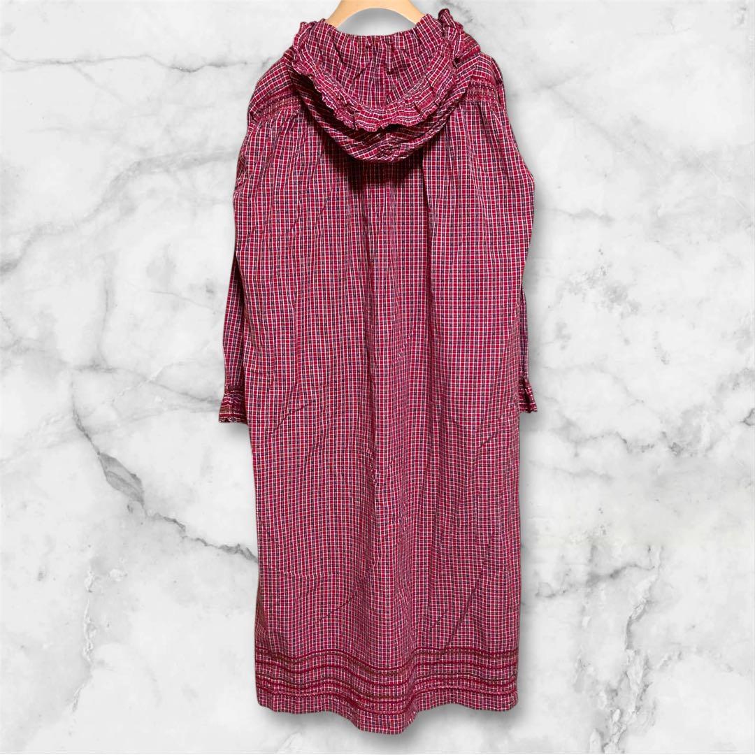 【人気】PINK HOUSE フリルチェック長袖ワンピース ロング丈 フード付