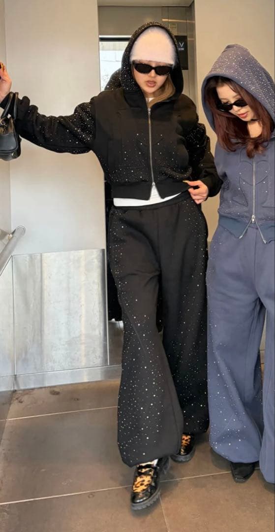 H heart logo rhinestone zip hoodieセットアップ