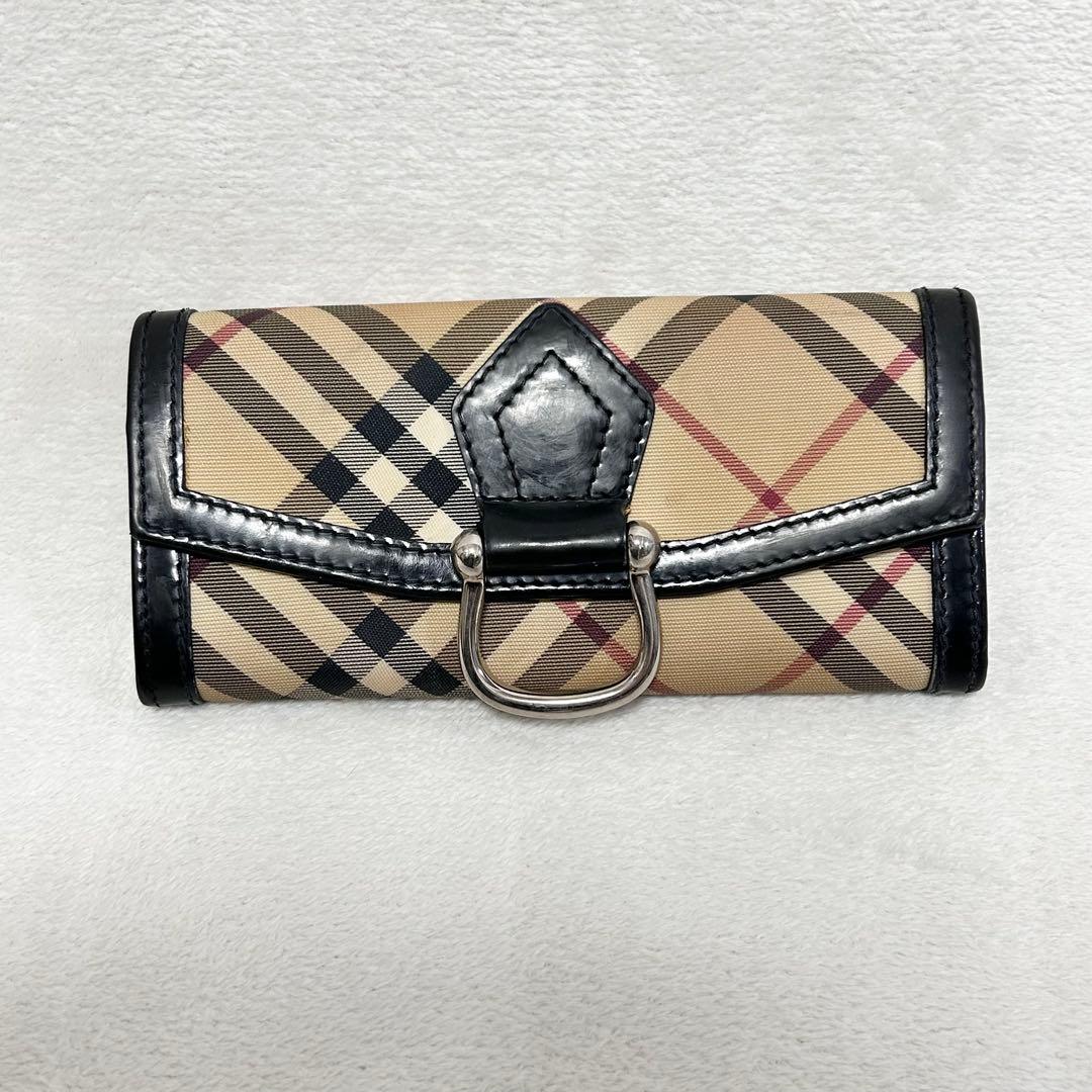 バーバリー ノバチェック 長財布 BURBERRY シルバー金具フラップ PVC