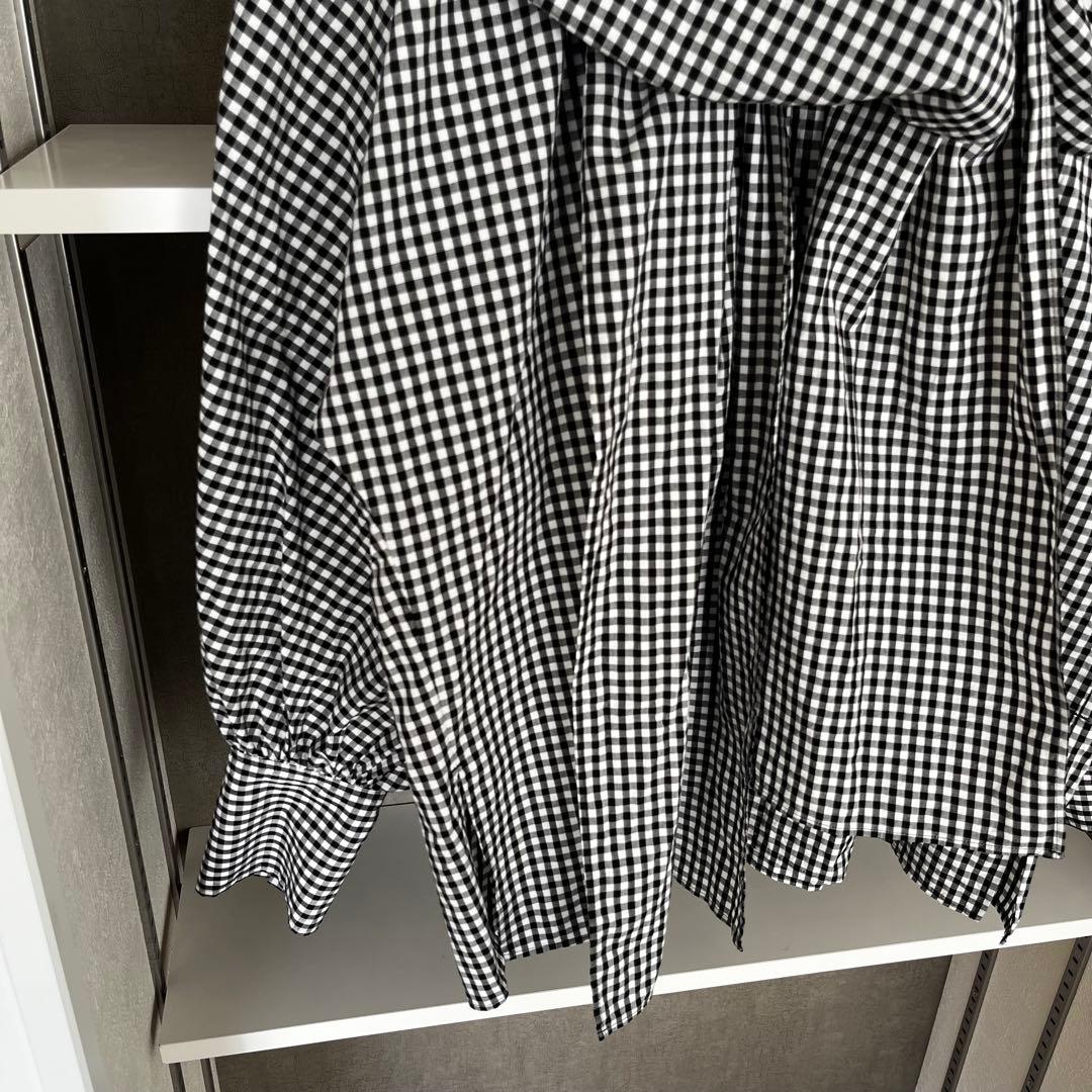 ウィムガゼット　ギンガムチェックボウタイブラウス　ブラック　長袖　リボンコットン