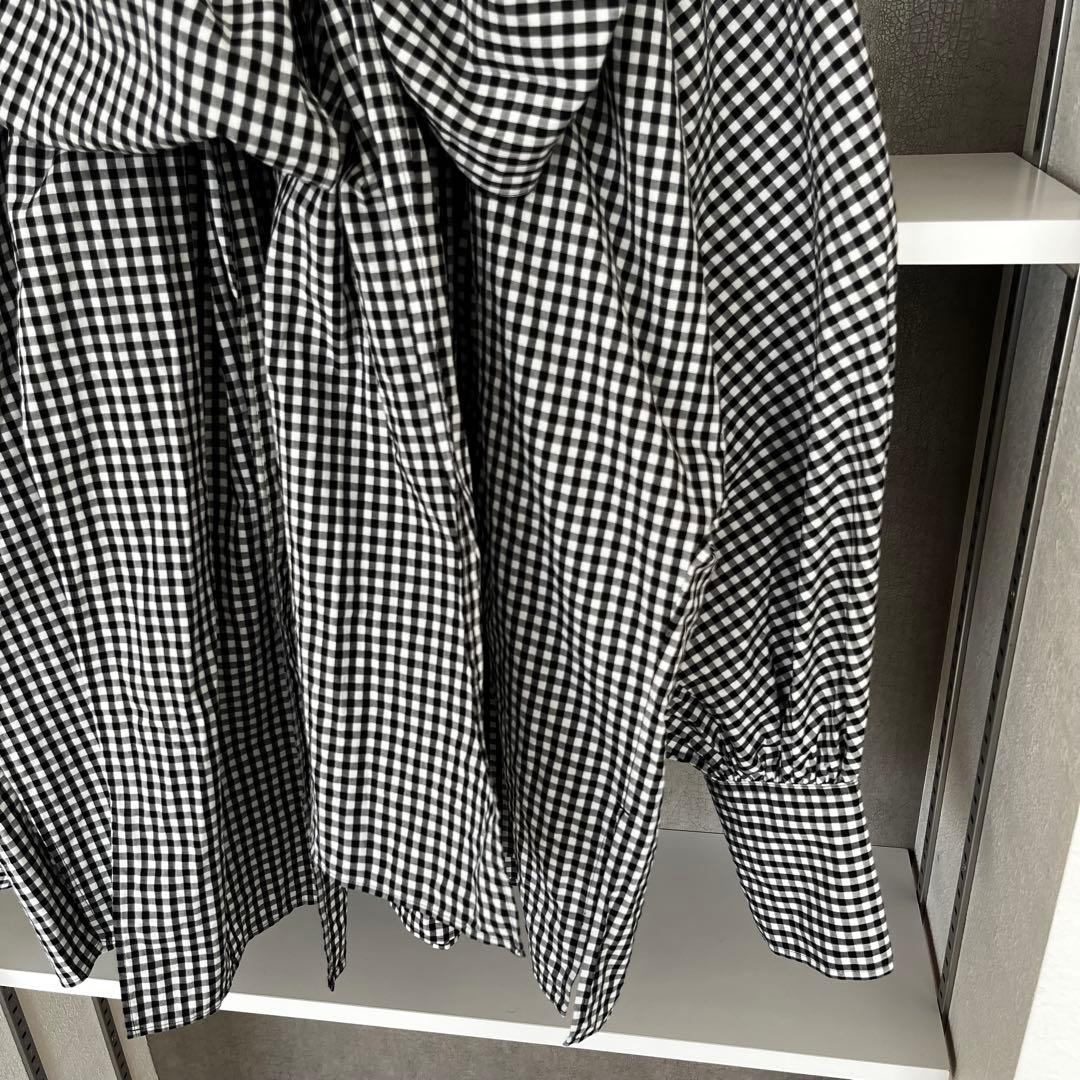 ウィムガゼット　ギンガムチェックボウタイブラウス　ブラック　長袖　リボンコットン