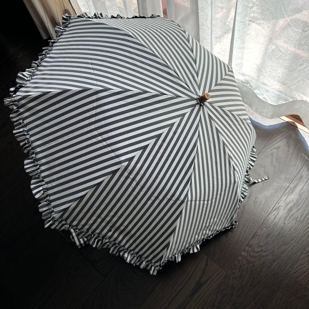 Sun Barriear100 ストライプ柄 フリル付き折りたたみ日傘　美品