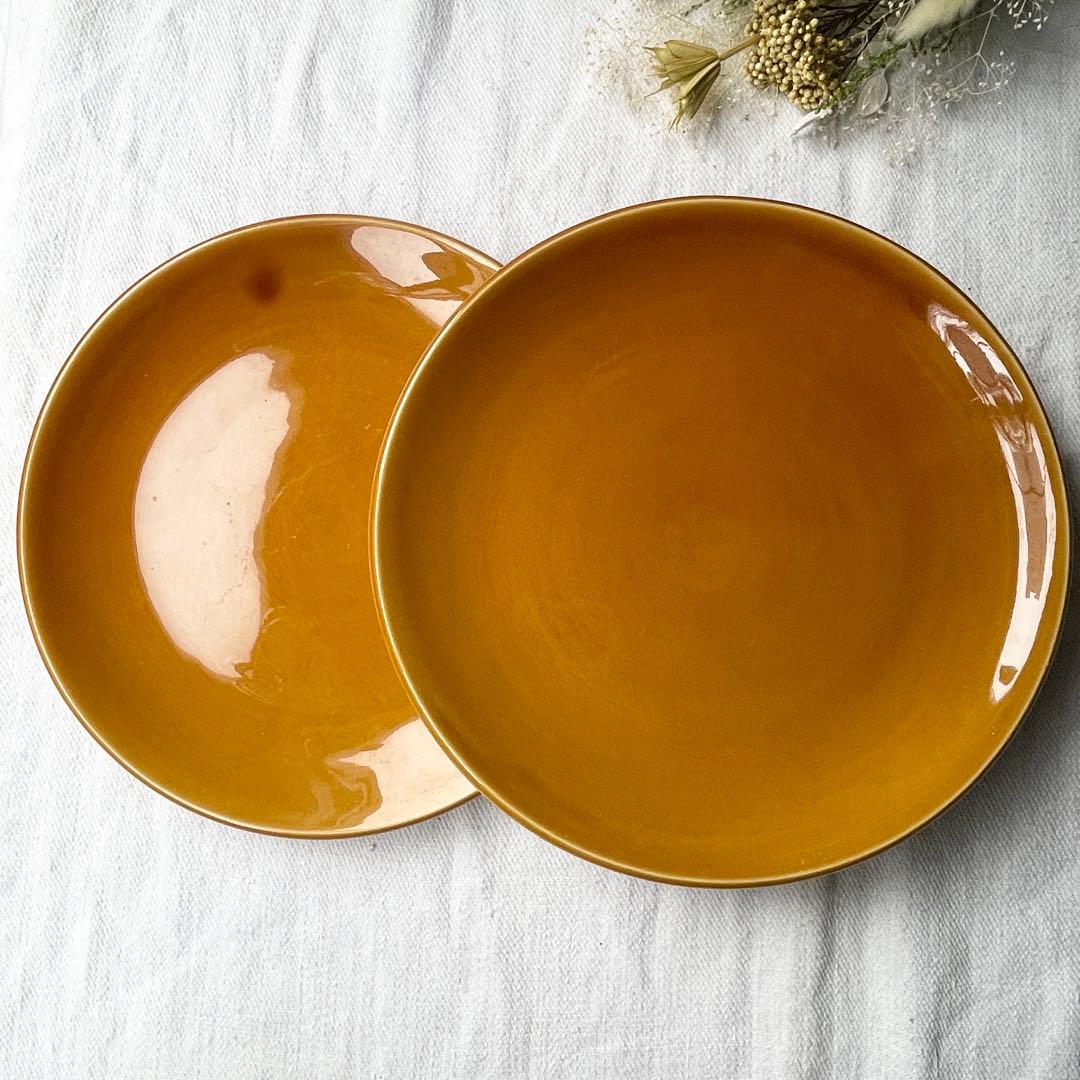 フランスヴィンテージ　サンタマン窯　プレート2点イエローブラウン古道具ブロカント