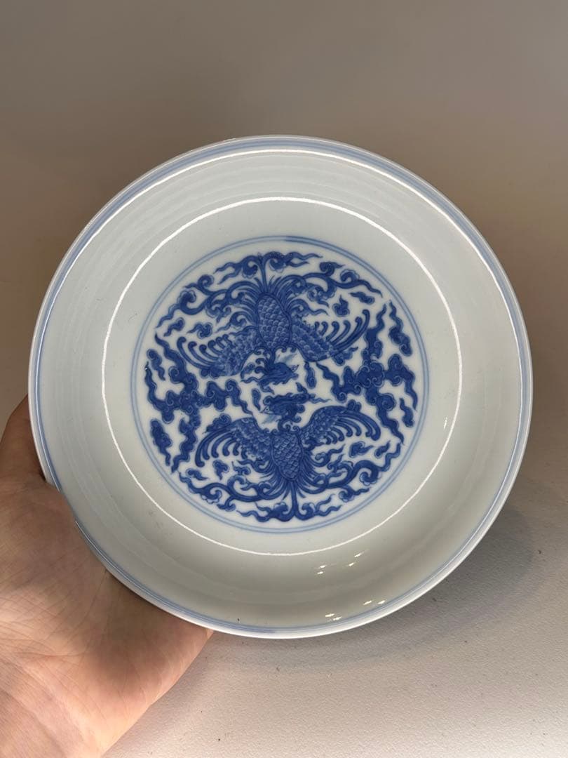 清代 大清雍正年製 底款 青花染付 対頭鳳文 皿 雲紋 骨董品