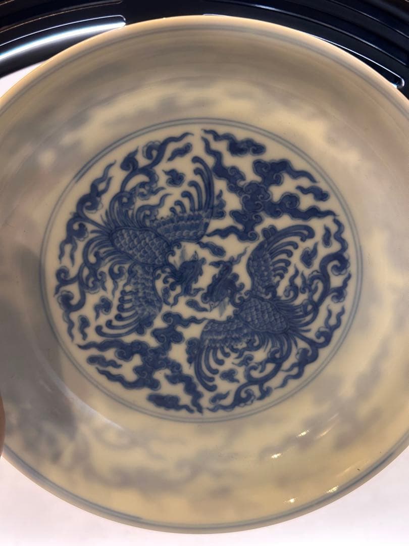 清代 大清雍正年製 底款 青花染付 対頭鳳文 皿 雲紋 骨董品