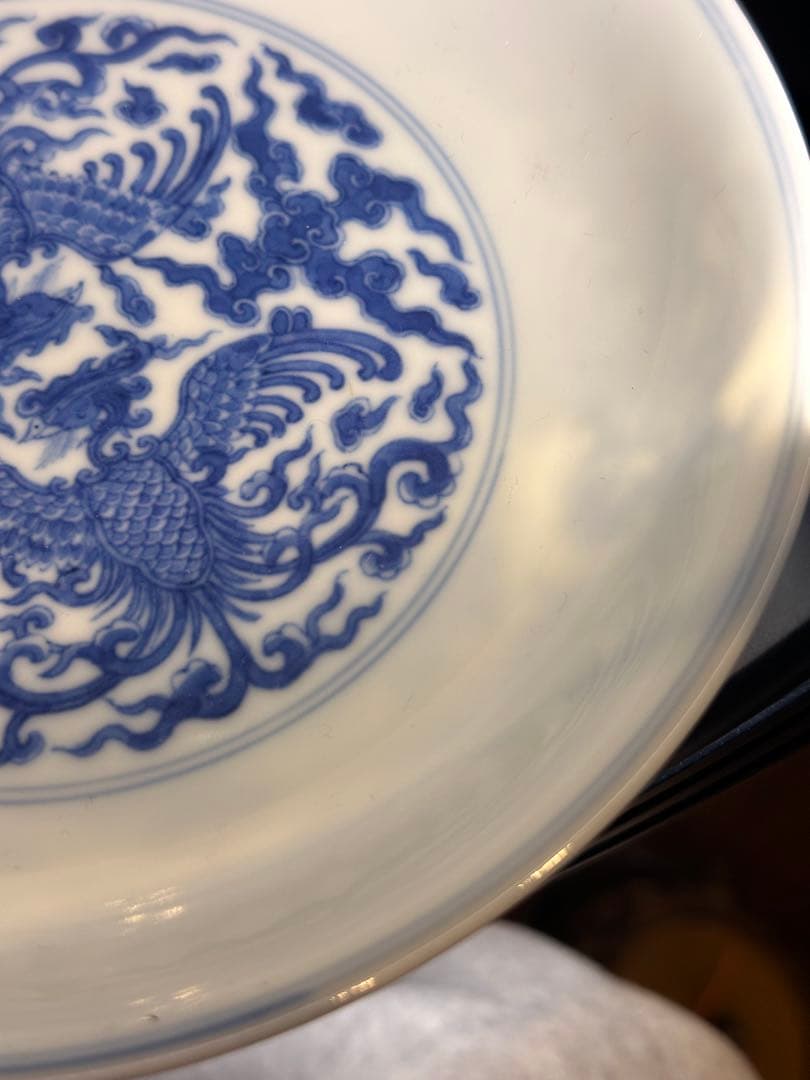 清代 大清雍正年製 底款 青花染付 対頭鳳文 皿 雲紋 骨董品