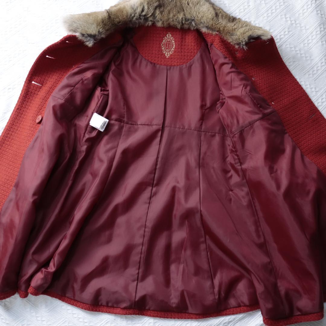 オンワード　高級ツイードジャケット　コート　ラビットリアルファー　ダブルボタン