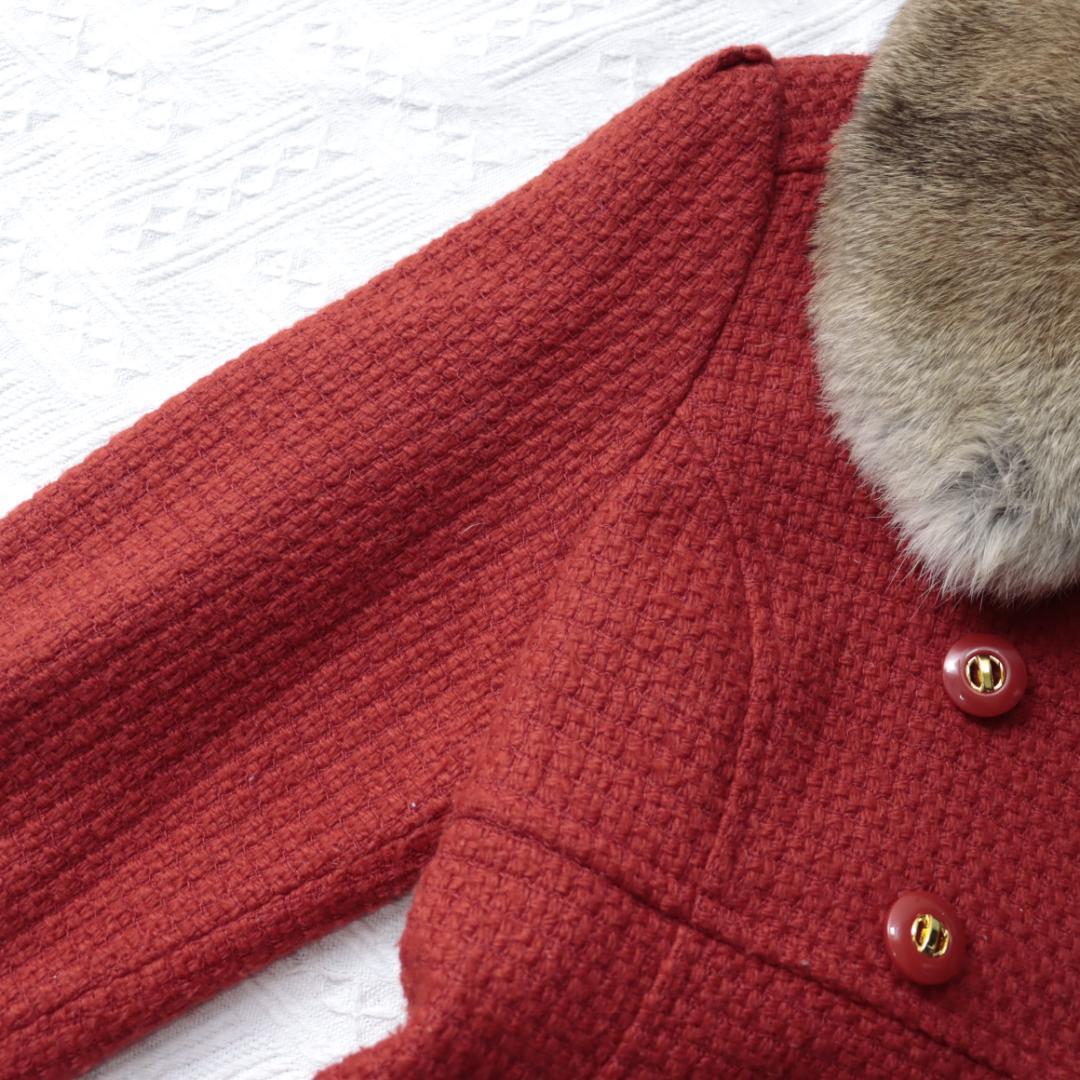 オンワード　高級ツイードジャケット　コート　ラビットリアルファー　ダブルボタン