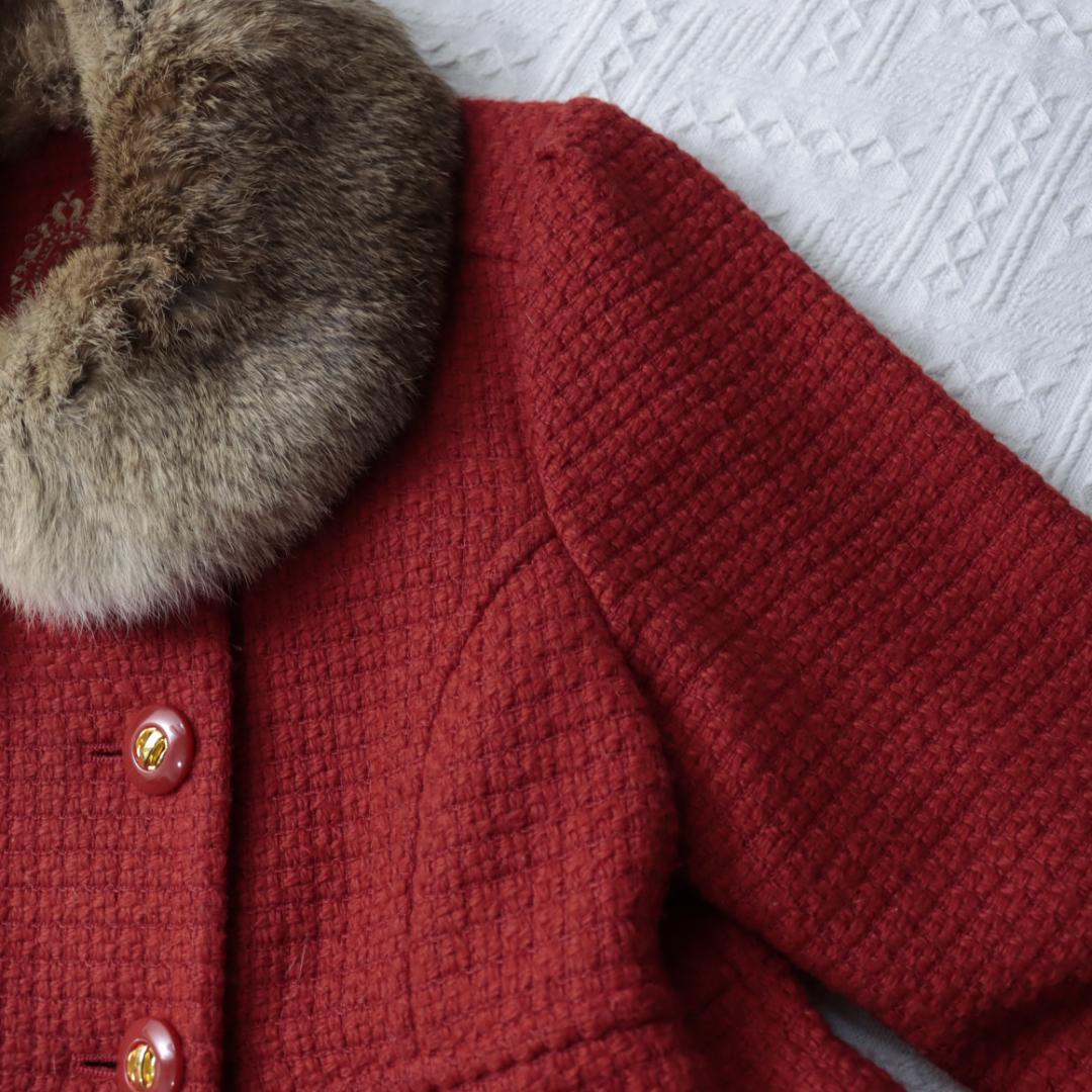 オンワード　高級ツイードジャケット　コート　ラビットリアルファー　ダブルボタン