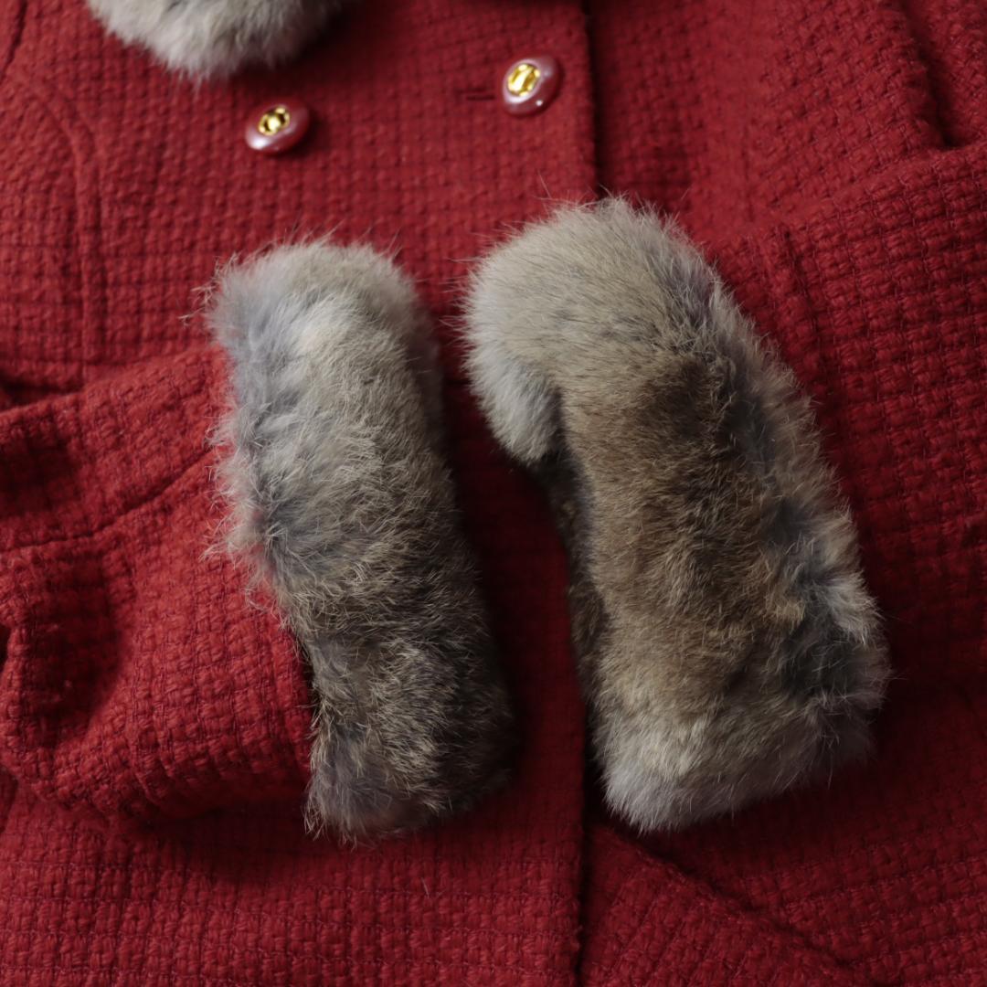 オンワード　高級ツイードジャケット　コート　ラビットリアルファー　ダブルボタン