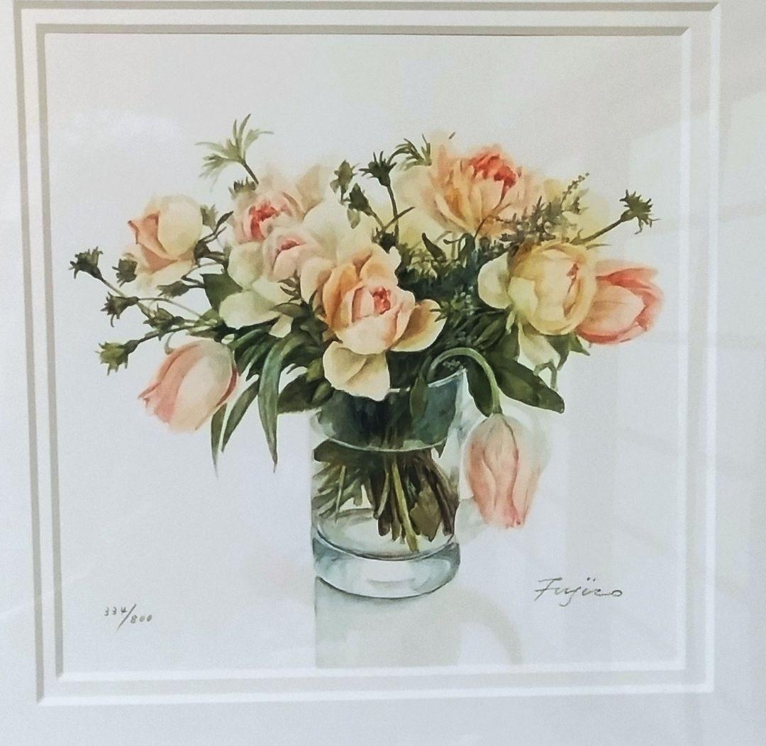 橋本不二子 水彩画家 ダイヤモンドスクリーニング版画「オレンジ色のブーケ」