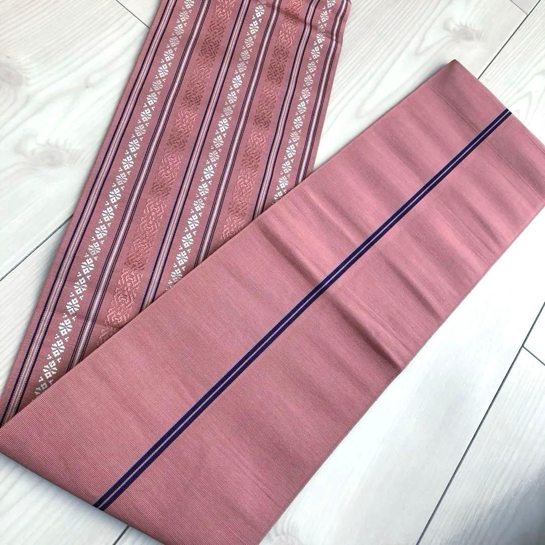 本場筑前博多織　半幅帯　縞模様　正絹　ピンクベージュ　No.7-22