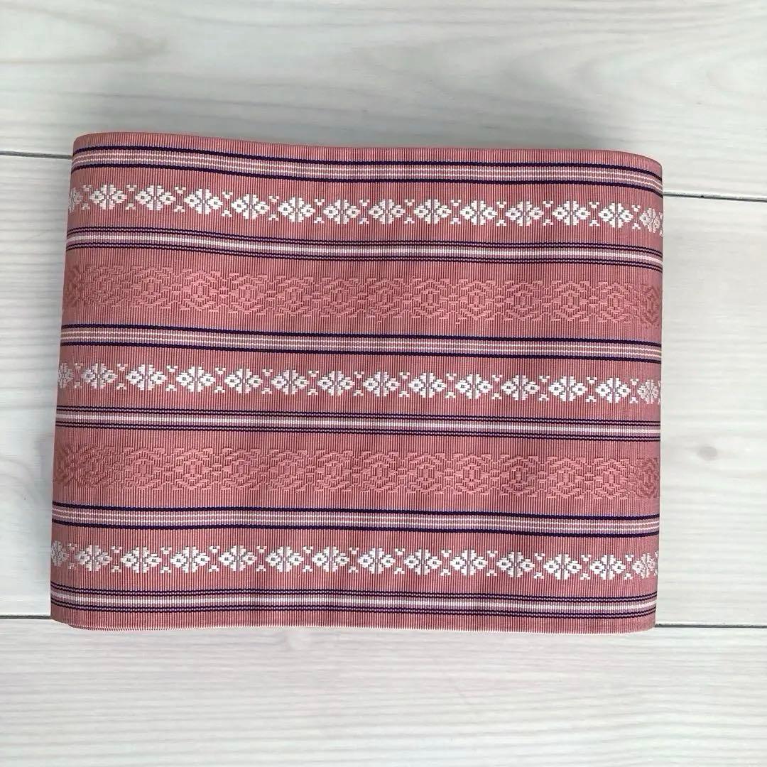 本場筑前博多織　半幅帯　縞模様　正絹　ピンクベージュ　No.7-22